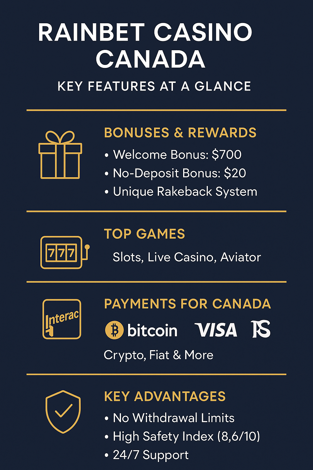 Rainbet Casino Canada: Overview of Key Advantages Infographic summarizing the key features of Rainbet Casino for Canadian players, including bonuses, payment methods such as Interac and Bitcoin, and main advantages.